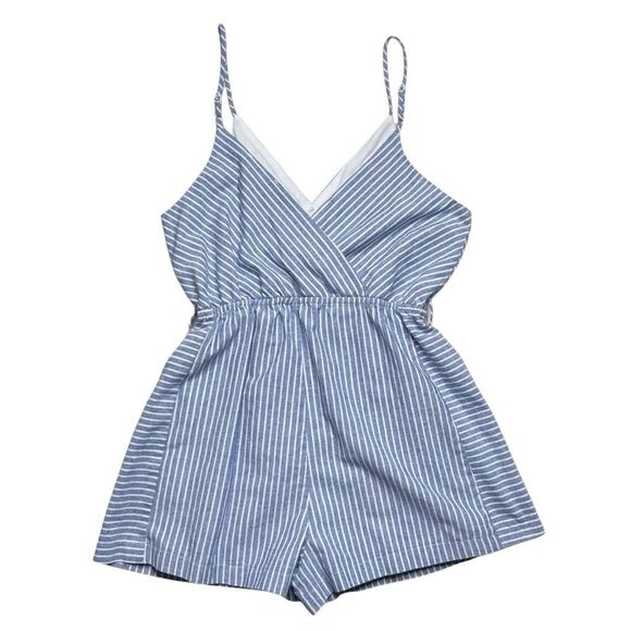 PURPLE SNOW Women's White Blue Striped Linen Blend Romper Size Large NWOT - Picture 2 of 8